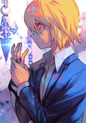 Rule 34 | 1boy, blonde hair, blue jacket, chain, closed mouth, collared shirt, hair between eyes, hungry clicker, hunter x hunter, jacket, jewelry, kurapika, long sleeves, male focus, profile, red eyes, ring, shirt, solo, upper body, white shirt