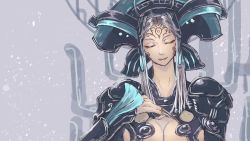 Rule 34 | 1girl, breasts, cleavage, closed eyes, facial mark, fingernails, grey background, hand on own chest, highres, large breasts, lips, long fingernails, metal skin, meyneth (xenoblade), silver hair, smile, solo, upper body, xenoblade chronicles 1, xenoblade chronicles (series), yumiyoiyoi
