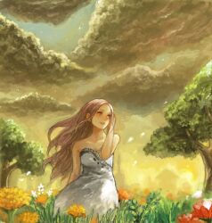 Rule 34 | 1girl, bad drawr id, bad id, bare shoulders, brown hair, character request, cloud, copyright request, dress, em (emily), field, flower, grass, hand up, long hair, oekaki, open mouth, orange flower, original, outdoors, red flower, sky, smile, solo, strapless, strapless dress, tree, white dress, wind