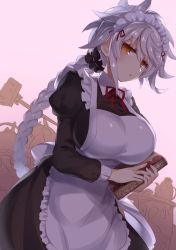 Rule 34 | 1girl, alternate costume, apron, asymmetrical hair, bad id, bad twitter id, black dress, braid, braided ponytail, breasts, commentary request, dress, enmaided, failure penguin, from side, jitome, kantai collection, large breasts, long hair, long sleeves, looking at viewer, maid, maid apron, pokoten (pokoten718), puffy long sleeves, puffy sleeves, shiny clothes, silver hair, single braid, slit pupils, solo, unryuu (kancolle), very long hair, wavy hair, yellow eyes
