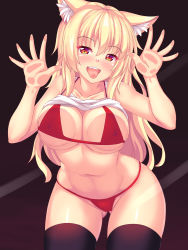 Rule 34 | 1girl, against fourth wall, against glass, animal ear fluff, animal ears, bikini, black thighhighs, blonde hair, blush, breast press, breasts, breasts on glass, cat ears, clothes lift, collarbone, gluteal fold, highres, large breasts, long hair, looking at viewer, micro bikini, nottytiffy, open mouth, original, red bikini, red eyes, shirt lift, slit pupils, solo, standing, swimsuit, thighhighs, tiffy (nottytiffy), tongue, tongue out