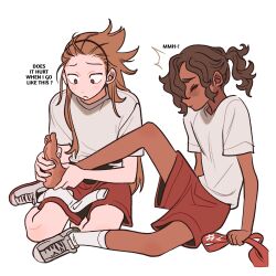 Rule 34 | 2boys, ahoge, androgynous, ankle socks, arm rest, arms at sides, barefoot, brown eyes, brown hair, closed eyes, closed mouth, curly hair, dark-skinned male, dark skin, dot nose, english text, feet, foot focus, foot massage, forehead, friends, from side, full body, furrowed brow, grey footwear, grimace, hair behind ear, hair over one eye, hair over shoulder, hair pulled back, hairband, hand on another&#039;s foot, highres, holding, holding ribbon, implied yaoi, injury, knee up, legs apart, long hair, looking down, male focus, memcchi, multiple boys, original, parted lips, ponytail, red shorts, ribbon, sanpaku, shirt, shoes, short ponytail, short sleeves, shorts, simple background, single barefoot, single shoe, single sock, sitting, socks, soles, spiked hair, thick eyebrows, toes, two-handed, unworn socks, very long hair, white background, white shirt, white socks, yokozuwari