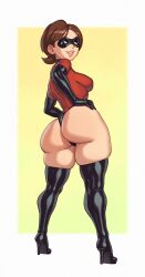 Rule 34 | 1girl, adapted costume, anus, anus peek, ass, bodysuit, boots, breasts, brown eyes, brown hair, cameltoe, curvy, disney, domino mask, elastic, elastigirl, elbow gloves, from behind, full body, gloves, helen parr, high heel boots, high heels, highleg, highleg leotard, highres, huge ass, impossible clothes, impossible leotard, large breasts, leotard, lipstick, looking at viewer, looking back, makeup, mask, mature female, naughty face, partially visible anus, partially visible vulva, pixar, red leotard, riz, short hair, sideboob, smile, standing, superhero costume, the incredibles, thick thighs, thigh boots, thigh grab, thighs, thong leotard, wide hips