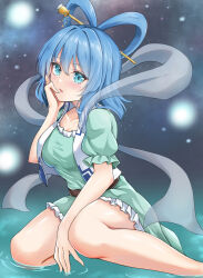 Rule 34 | 1girl, blue eyes, blue hair, breasts, commentary request, dress, hagoromo, hair between eyes, hair ornament, hair rings, hair stick, hand on own face, highres, kaku seiga, kneeling on liquid, large breasts, light blush, looking at viewer, medium hair, nobea, open mouth, puffy short sleeves, puffy sleeves, shawl, short sleeves, solo, thighs, touhou, water