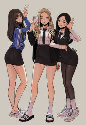 Rule 34 | 3girls, absurdres, bare legs, bdpp, beautiful gunbari, black eyes, black jacket, black necktie, black skirt, blonde hair, blue jacket, breasts, cellphone, character request, cho sun-a, cho ye-ryeong, crocs, hand in pocket, hand up, highres, jacket, kim gaeul, long sleeves, mask, medium breasts, mole, mole under eye, mouth hold, mouth mask, multiple girls, necktie, pantyhose, pencil skirt, phone, sandals, shoes, skirt, sneakers, socks, standing, tongue, tongue out, unworn mask, v, white footwear, white socks