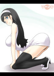 Rule 34 | 10s, 1girl, all fours, ass, black hair, black thighhighs, blue eyes, blush, breasts, dress, feet, hairband, high heels, highres, hornet (artist), kumashiro maya, large breasts, legs, long hair, looking at viewer, seikimatsu occult gakuin, sideboob, simple background, solo, thighhighs, thighs
