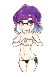 Rule 34 | 1girl, black panties, blue eyes, blush, breasts, closed mouth, cropped legs, heart, heart-shaped boob challenge, heart hands, highres, hip focus, inkling, inkling girl, inkling player character, looking at viewer, mask, navel, nintendo, nitronic, panties, pointy ears, purple hair, short hair, side-tie panties, simple background, solo, splatoon (series), standing, tentacle hair, topless, underwear, wavy mouth, white background