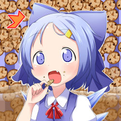 Rule 34 | ^^^, 1girl, blue dress, blue eyes, blue hair, blush, bow, cirno, cookie, cookie clicker, crumbs, dress, eating, fang, food, food on face, forehead, hair bow, hair ornament, hairclip, hairpin, highres, ice, ice wings, looking at viewer, makuran, matching hair/eyes, open mouth, ribbon, short hair, smile, solo, surprised, touhou, upper body, wings