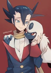 Rule 34 | 1boy, absol, black hair, buttons, closed mouth, commentary request, creatures (company), game freak, gen 3 pokemon, grey eyes, grimsley (pokemon), hair between eyes, jacket, long sleeves, male focus, momoji (lobolobo2010), nintendo, pointy hair, pokemon, pokemon (creature), pokemon bw, red background, scarf, shirt, smile, twitter username, white shirt, yellow scarf