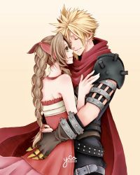 Rule 34 | 1boy, 1girl, aerith gainsborough, armor, artist name, back, bare shoulders, belt, blonde hair, braid, braided ponytail, brown gloves, brown hair, cape, cloak, closed eyes, closed mouth, cloud strife, couple, dress, final fantasy, final fantasy vii, gloves, gradient background, green eyes, happy, hetero, highres, hug, kingdom hearts, kingdom hearts ii, lips, long hair, nape, nose, orange background, pink dress, red cape, red cloak, ribbon, short hair, shoulder armor, shoulder blades, single glove, smile, spiked hair, square enix, standing, studded belt, tareme, thigh strap, torn clothes, upper body, wavy hair, yco 030601, yellow background