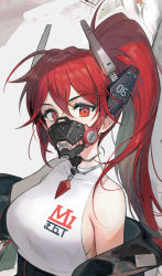 Rule 34 | 1girl, ahoge, bare shoulders, breasts, clothes writing, copyright request, gas mask, hair between eyes, headgear, high ponytail, highres, long hair, looking at viewer, mask, medium breasts, off shoulder, ponytail, red eyes, red hair, shirt, sleeveless, sleeveless shirt, solo, soyoong jun, upper body, white shirt