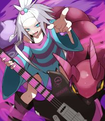 Rule 34 | 1girl, arm up, bass guitar, black footwear, blue eyes, boots, commentary request, creatures (company), dress, fingernails, game freak, gen 1 pokemon, gen 5 pokemon, gym leader, hair bobbles, hair ornament, highres, holding, holding instrument, holding plectrum, instrument, koffing, looking at viewer, necro ro, nintendo, open mouth, plectrum, poke ball print, pokemon, pokemon (creature), pokemon bw2, roxie (pokemon), scolipede, spiked hair, striped clothes, striped dress, teeth, tongue, topknot, two-tone dress, white hair