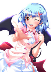 Rule 34 | 1girl, ascot, bag, bat wings, blue hair, female focus, hair ornament, hairclip, highres, neats, no headwear, no headwear, open mouth, red eyes, remilia scarlet, short hair, shoulder bag, skirt, smile, solo, touhou, wings, wink