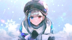 Rule 34 | 1girl, black gloves, black hat, blue eyes, blush, closed mouth, cocoritter (tower of fantasy), fingerless gloves, gloves, hair ornament, hairclip, hat, heterochromia, highres, looking at viewer, maru51, outdoors, red eyes, scarf, smile, snow, snowflakes, snowing, solo, tower of fantasy, upper body, winter, winter clothes