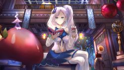 Rule 34 | 1girl, absurdres, apple, aqua eyes, banner, bare shoulders, book, bookshelf, braid, braided bangs, breasts, cherry, earrings, food, fruit, gem, ghost, glass, highres, hololive, hololive indonesia, jewelry, large breasts, library, navel, pavolia reine, phonograph, pillow, reading, side ponytail, silver hair, solo, star (sky), takuyarawr, thighhighs, tree, virtual youtuber