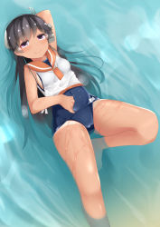 Rule 34 | 1girl, bad id, bad pixiv id, black eyes, black hair, blouse, blue one-piece swimsuit, headgear, i-400 (kancolle), kantai collection, lens flare, long hair, looking at viewer, lying, ne an ito, one-piece swimsuit, one-piece tan, orange sailor collar, partially submerged, sailor collar, sailor shirt, school swimsuit, shirt, sleeveless, sleeveless shirt, smile, solo, swimsuit, swimsuit under clothes, tan, tanline, water, wet, white shirt
