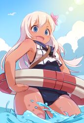 Rule 34 | 1girl, bird, blue eyes, blue one-piece swimsuit, blue sailor collar, cloud, commentary request, day, flower, hair flower, hair ornament, innertube, kantai collection, long hair, one-hour drawing challenge, one-piece swimsuit, one-piece tan, open mouth, outdoors, pink flower, ro-500 (kancolle), sailor collar, school swimsuit, sky, solo, sun, swim ring, swimsuit, swimsuit under clothes, tan, tanline, tomamatto, wading, water, white hair