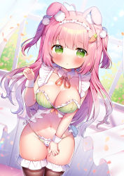 Rule 34 | 1girl, ahoge, animal ear fluff, animal ears, arm up, black thighhighs, blush, bra, breasts, carrot hair ornament, cleavage, curtains, food-themed hair ornament, frilled bra, frilled panties, frills, green bra, green eyes, green panties, groin, hair ornament, hairclip, hand on own thigh, highres, indoors, long hair, maid headdress, navel, oppai loli, original, panties, petals, pink hair, rabbit ears, rabbit girl, rabbit tail, solo, tail, thigh gap, thighhighs, thighs, tsukimi mumi, two side up, underwear, underwear only, wind, window, wrist cuffs