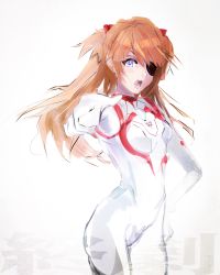 Rule 34 | 1girl, absurdres, artist request, blue eyes, breasts, brown hair, evangelion: 3.0+1.0 thrice upon a time, eyepatch, hand on own hip, highres, lips, long hair, looking at viewer, medium breasts, neon genesis evangelion, open mouth, plugsuit, rebuild of evangelion, simple background, skin tight, solo, souryuu asuka langley, twintails, upper body, white background