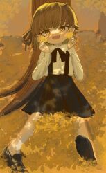 Rule 34 | 1girl, absurdres, black footwear, black ribbon, black skirt, brown eyes, brown hair, collared shirt, ginkgo leaf, hatoba tsugu, highres, leaf, loafers, looking at viewer, mole, mole under eye, nature, open mouth, outdoors, pantyhose, relvetic, ribbon, shirt, shoes, short hair, sitting, skirt, smile, solo, suspender skirt, suspenders, tree, tsugu (vtuber), virtual youtuber, white pantyhose, white shirt