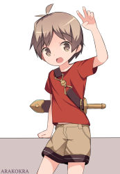 Rule 34 | 1boy, arakokra, brown eyes, brown hair, brown shorts, commentary, english commentary, fantasy, highres, hilt, male focus, midriff peek, open mouth, original, red shirt, shirt, shorts, sword, v, weapon