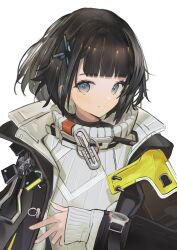 Rule 34 | 1girl, absurdres, andersonalac, arknights, arknights: endfield, black hair, black jacket, endministrator (arknights), female endministrator (arknights), hair ornament, hand up, highres, jacket, layered sleeves, looking at viewer, open clothes, open jacket, ribbed sweater, short hair, simple background, smile, solo, sweater, upper body, white background, white sweater, yellow eyes