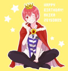 Rule 34 | 1boy, absurdres, arsmagna, bandaid, bandaid on face, character name, crown, highres, indian style, kano akira (arsmagna), male focus, mini crown, one eye closed, red eyes, red hair, simple background, sitting, smile, solo, star (symbol), tsukimi (tsukim512), yellow background