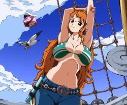 Rule 34 | 1girl, absurdres, anime coloring, bikini, bikini under clothes, breasts, cleavage, clima-tact, day, highres, initialdkirby, kirby, kirby (series), large breasts, long hair, looking at viewer, md5 mismatch, nami (one piece), navel, nintendo, one piece, orange hair, pants, resolution mismatch, self-upload, simple background, smile, solo, source smaller, stomach, string bikini, swimsuit, tattoo, wide hips