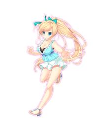 Rule 34 | 1girl, blonde hair, blue eyes, bow, bowtie, breasts, cleavage, collarbone, dolphin blade, frills, full body, large breasts, leg up, long hair, looking at viewer, mikeou, outstretched arm, ponytail, sandals, shoes, skirt, sleeveless, smile, solo, toeless footwear, transparent background, very long hair
