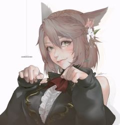 Rule 34 | 1girl, animal ears, aqua bow, artist name, bare shoulders, bow, braid, brown hair, cat ears, closed mouth, commission, facial mark, final fantasy, final fantasy xiv, fingernails, flower, frills, green eyes, hair between eyes, hair flower, hair ornament, highres, light brown hair, mayak666, medium hair, miqo&#039;te, mole, mole under eye, paw pose, pink flower, pink lips, signature, simple background, sleeves past wrists, solo, square enix, warrior of light (ff14), whisker markings, white background, white flower