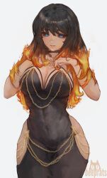 Rule 34 | 1girl, artist name, bare shoulders, beeprats, black choker, black dress, black hair, black sclera, blue eyes, breasts, chain, choker, cleavage, colored sclera, commentary, commission, covered navel, cowboy shot, dress, english commentary, fiery hair, gold chain, greek mythology, hestia (mythology), highres, hip vent, large breasts, long hair, looking at viewer, orange hair, original, parted lips, simple background, smile, solo, standing, strapless, strapless dress, watermark, white background