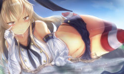 Rule 34 | 1girl, aircraft, airplane, alicemagic, bad id, bad pixiv id, bare shoulders, black headband, black neckerchief, black panties, blonde hair, blue sky, blush, breasts, breath, brown eyes, buttons, collarbone, crop top, elbow gloves, finger to face, giant, giantess, gloves, groin, hair between eyes, hair ornament, hairband, half-closed eyes, headband, highleg, highleg panties, highres, huge giantess, kantai collection, long hair, lying, miniskirt, navel, neckerchief, on side, panties, parted lips, reaching, reaching towards viewer, sailor collar, school uniform, serafuku, shimakaze (kancolle), sidelocks, skindentation, skirt, sky, smile, solo, stomach, striped clothes, striped thighhighs, thighhighs, thighs, underwear, white gloves