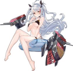 Rule 34 | 1girl, :q, alternate costume, azur lane, barefoot, bikini, black bikini, breasts, cannon, choker, cleavage, cross, earrings, feet, flag print, full body, german flag, german flag bikini, innertube, iron cross, jewelry, large breasts, long hair, looking at viewer, machinery, multicolored hair, navel, official art, orange eyes, prinz eugen (azur lane), prinz eugen (unfading smile) (azur lane), realmbw, side-tie bikini bottom, simple background, sitting, solo, swim ring, swimsuit, toes, tongue, tongue out, transparent background, turret, two-tone hair, two side up, white hair