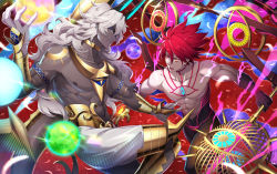 Rule 34 | 2boys, abs, arjuna (fate), arjuna alter (fate), dark-skinned male, dark skin, fate/grand order, fate (series), fighting, highres, jewelry, karna (fate), kiyo (chaoschyan), long hair, looking at another, multiple boys, muscular, open mouth, pants, parted lips, red hair, super karna (fate), topless male, vambraces, white hair, white pants, yellow eyes