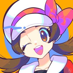 Rule 34 | 1girl, ;d, black shirt, bow, brown eyes, brown hair, cabbie hat, collarbone, commentary, creatures (company), game freak, hat, hat bow, highres, jacket, kamota (momokomati), long hair, lyra (pokemon), nintendo, one eye closed, open mouth, orange background, pink bow, pokemon, pokemon hgss, portrait, red jacket, shirt, smile, solo, teeth, tongue, twintails, upper teeth only, white hat