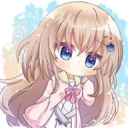 Rule 34 | 1girl, 9-nine-, absurdres, blue background, blue eyes, blush, cardigan, chibi, closed mouth, commentary, dress, eyelashes, eyes visible through hair, falling petals, gear hair ornament, gradient background, hair between eyes, hand up, highres, kujou miyako, light brown hair, long hair, long sleeves, looking at viewer, neck ribbon, open cardigan, open clothes, orange background, petals, pink ribbon, pink sweater, ribbon, school uniform, signature, simple background, smile, solo, sweater, utuigawa, very long hair, wavy hair, white dress, wing hair ornament
