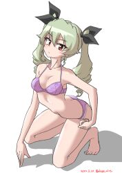 Rule 34 | 1girl, absurdres, anchovy (girls und panzer), arched back, barefoot, black ribbon, bra, breasts, closed mouth, dated, drill hair, drops mint, girls und panzer, green hair, hair ribbon, halterneck, hand on own hip, highres, kneeling, light frown, long hair, looking at viewer, medium breasts, panties, purple bra, purple panties, red eyes, ribbon, shadow, simple background, solo, twin drills, twintails, twitter username, underwear, underwear only, white background