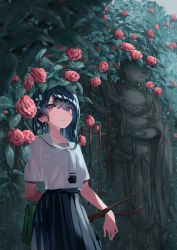 Rule 34 | 1girl, absurdres, animal, animal on shoulder, arm at side, arm behind back, bag, black hair, black skirt, branch, breasts, closed mouth, commentary, cowboy shot, fence, flower, frog, hieno hiro, highres, leaf, long hair, looking away, necktie, original, outdoors, pink flower, plant, pleated skirt, rain, red eyes, sailor collar, school uniform, serafuku, shade, shirt, short sleeves, sideways glance, skirt, small breasts, solo, statue, water, water drop, white necktie, white sailor collar, white shirt