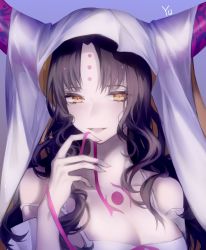 Rule 34 | 1girl, black hair, breasts, camisole, chest tattoo, chinese commentary, cleavage, close-up, commentary, detached sleeves, facial mark, fate/extra, fate/extra ccc, fate/grand order, fate (series), forehead mark, forehead tattoo, hand up, horns, large breasts, long hair, looking at viewer, open mouth, parted bangs, pink ribbon, purple background, qing yu, ribbon, sessyoin kiara, signature, smile, solo, tattoo, upper body, veil, white camisole, white sleeves, yellow eyes