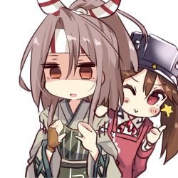 Rule 34 | 2girls, amano kouki, blouse, breast conscious, brown hair, chibi, empty eyes, hachimaki, hair between eyes, headband, highres, kantai collection, leaning to the side, light brown hair, multiple girls, muneate, one eye closed, ponytail, ryuujou (kancolle), shaded face, shirt, simple background, thumbs up, twintails, white background, white shirt, wide sleeves, zuihou (kancolle)