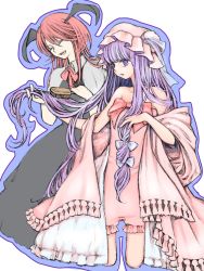 Rule 34 | 2girls, bare arms, bare shoulders, black wings, blue bow, blunt bangs, bow, brushing hair, closed eyes, dress, eyelashes, full body, hair bow, hair brush, hat, head wings, highres, holding, kneeling, koakuma, long hair, multiple girls, outline, patchouli knowledge, pink dress, pink hat, pontaqwe, purple eyes, purple hair, red hair, simple background, smile, strapless, strapless dress, tassel, touhou, very long hair, white background, wing collar, wings