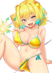 Rule 34 | 1girl, bikini, blonde hair, blush, bombergirl, breasts, cleavage, collarbone, covered erect nipples, fang, groin, hair ornament, hand up, hard (hardmaker), highres, knee up, large breasts, lifting own clothes, looking at viewer, naughty face, navel, open mouth, pine (bombergirl), raised eyebrows, short hair, side-tie bikini bottom, simple background, skin fang, skindentation, smile, smug, solo, swimsuit, symbol-shaped pupils, thighs, underboob, untied bikini, yellow bikini