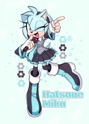 Rule 34 | 1girl, ;), amy rose, animal ears, animal nose, arms up, black sleeves, blue eyes, blue hair, boots, cherry blossoms, copyright name, cosplay, detached sleeves, dress, fingerless gloves, full body, furry, furry female, gloves, hairband, hatsune miku, hatsune miku (cosplay), highres, holding, holding microphone, kiioki11, looking at viewer, microphone, music, necktie, one eye closed, short dress, short hair, simple background, singing, sleeveless, sleeveless dress, smile, solo, sonic (series), tail, vocaloid