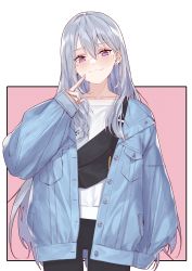 Rule 34 | 1girl, arm at side, bag, black pants, blue jacket, blush, breast pocket, buttons, closed mouth, collarbone, commentary request, cowboy shot, denim, denim jacket, earrings, finger to mouth, flower earrings, hair between eyes, hand up, head tilt, highres, higuchi kaede, higuchi kaede (9th costume), index finger raised, jacket, jewelry, long hair, long sleeves, looking at viewer, mole, mole under eye, nijisanji, nishiro ryoujin, open clothes, open jacket, pants, pocket, purple eyes, shirt, silver hair, sleeves past wrists, smile, solo, unbuttoned, virtual youtuber, white shirt