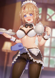 Rule 34 | 1girl, apron, black bow, blonde hair, blue eyes, blush, bow, bowtie, breasts, brown pantyhose, cleavage, clothes lift, collarbone, commentary request, crop top, crotch seam, cup, frills, hair between eyes, holding, holding tray, indoors, kibanda gohan, lamp, looking at viewer, maid, maid apron, maid headdress, medium breasts, navel, open mouth, original, panties, panties under pantyhose, pantyhose, short hair, sidelocks, skirt, skirt lift, solo, standing, teacup, teapot, tearing up, tears, tray, underwear, waist apron, white panties, window, wristband