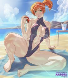 Rule 34 | 1girl, arttoru, ass, asymmetrical hair, bare shoulders, barefoot, beach, blue sky, blush, breast slip, breasts, cameltoe, cleft of venus, clothing cutout, covered erect nipples, creatures (company), curvy, game freak, groin, gym leader, hair between eyes, highres, holding, holding poke ball, large breasts, lips, looking at viewer, medium hair, misty (pokemon), navel, navel cutout, nintendo, ocean, one-piece swimsuit, orange hair, poke ball, pokemon, pokemon: the electric tale of pikachu, ponytail, shiny skin, side ponytail, sitting, sky, slingshot swimsuit, solo, spread legs, sunlight, swimsuit, water
