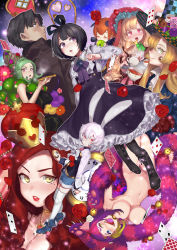 Rule 34 | 2boys, 6+girls, :d, :o, absurdres, alice in wonderland, animal ears, animal hands, antennae, armpit peek, ascot, bare arms, bare shoulders, bell, black eyes, black flower, black footwear, black hair, black ribbon, black rose, black scarf, black shirt, blue eyes, blue footwear, blue jacket, blue shorts, blush, bonnet, boots, breast tattoo, breasts, brown coat, brown hair, card, cat ears, cat paws, caterpillar (alice in wonderland), cheshire cat (alice in wonderland), choker, cleavage, closed eyes, closed mouth, club (shape), coat, collarbone, collared shirt, colored tongue, commentary request, convenient censoring, crown, cup, drinking, fangs, fingernails, flower, frilled skirt, frills, green eyes, green hair, green ribbon, grin, hair between eyes, hair ornament, hair ribbon, hat, hat flower, heart, heart necklace, heart tattoo, heterochromia, high heels, highres, holding, holding tray, jacket, jewelry, jingle bell, knee boots, large breasts, leaf, lipstick, long hair, long sleeves, long tail, looking at viewer, looking away, looking back, looking to the side, mad hatter (alice in wonderland), makeup, mameojitan, mole, mole under eye, multicolored hair, multiple boys, multiple girls, navel, necklace, nude, one eye closed, open mouth, original, parted lips, personification, pink eyes, pink hair, projected inset, purple eyes, purple flower, purple hair, purple ribbon, purple rose, purple skirt, purple tongue, queen of hearts (alice in wonderland), red eyes, red flower, red hair, red lips, red rose, ribbon, ribs, rose, scarf, sharp fingernails, shirt, shoes, short hair, shorts, skindentation, skirt, sky, sleeveless, sleeveless shirt, smile, spade (shape), spilling, standing, star (sky), starry sky, stopwatch, streaked hair, striped tail, suspender skirt, suspenders, tail, tail bell, tail ornament, tattoo, tea, thigh gap, thighhighs, top hat, tray, upside-down, watch, white ascot, white legwear, white rabbit (alice in wonderland), white shirt, yellow ascot, yellow choker, yellow eyes