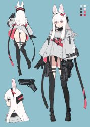 Rule 34 | 1girl, animal ears, ass, bad link, black bodysuit, black gloves, black hairband, bodysuit, chorefuji, color guide, commentary request, earclip, gloves, grey jacket, gun, hairband, hand up, handgun, headset, highres, holster, jacket, long hair, looking at viewer, multiple views, original, pink eyes, pink ribbon, pouch, rabbit ears, rabbit tail, ribbon, sidelocks, tail, thigh pouch, thigh strap, weapon, white hair, wide sleeves