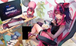 Rule 34 | 1girl, ahoge, asymmetrical legwear, balloon, bar censor, black choker, black gloves, black hair, black shirt, black thighhighs, bottle, cake, cake slice, can, censored, censored feet, chair, character doll, character name, choker, commentary, controller, cup, desk, eating, english commentary, fingerless gloves, food, for dummies, fork, game controller, gaming chair, gloves, gx aura, hair ornament, hairclip, happy birthday, hat, hood, hood down, keyboard (computer), long hair, mat, monitor, mug, multicolored hair, official art, opera gx, party hat, pink eyes, pink hair, pink socks, plant, plate, polka dot headwear, red nails, remote control, second-party source, see-through, shirt, single sock, single thighhigh, sitting, socks, sticky note, swivel chair, thigh strap, thighhighs, utensil in mouth, virtual youtuber, wooden floor, yuniiho