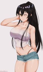 Rule 34 | 1girl, absurdres, arm behind back, bare shoulders, black hair, black panties, blush, breasts, cleavage, closed mouth, collarbone, commentary request, grey background, hair between eyes, hand on own cheek, hand on own face, highres, idolmaster, idolmaster shiny colors, large breasts, legs together, long hair, looking at viewer, midriff, navel, one eye closed, panties, ponytail, sendo (sendrawz), shirase sakuya, shirt, short shorts, shorts, simple background, skindentation, smile, solo, standing, strapless, thighs, thong, tube top, twitter username, underwear, yellow eyes